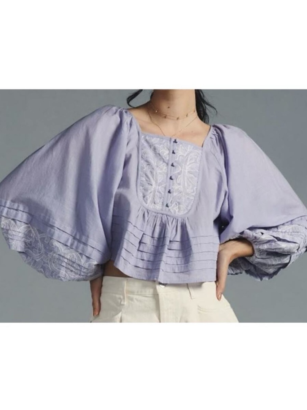 Anthropologie Embroidered Babydoll Blouse Purple